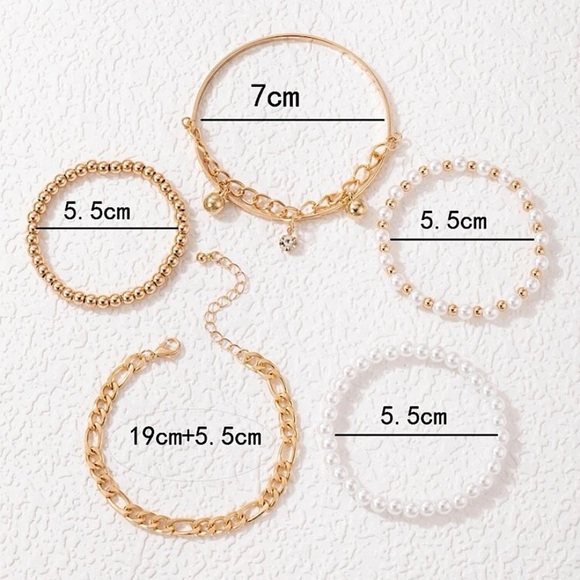 Gold Plated Chain and Faux Pearl Bracelets - set of 5 - Picture 5 of 5